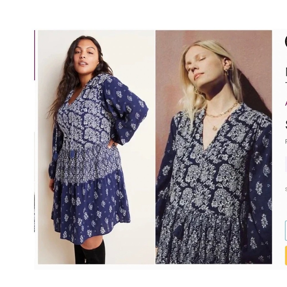 Maeve‎ Anthropologie Carlita Tiered Tunic Dress Blue Floral Medium